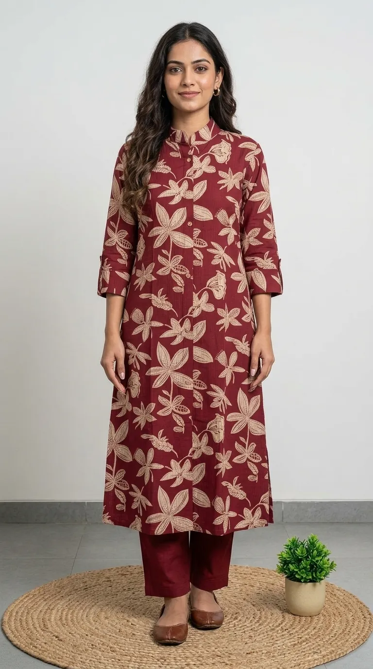 Maroon Beige Floral Print Kurta Set